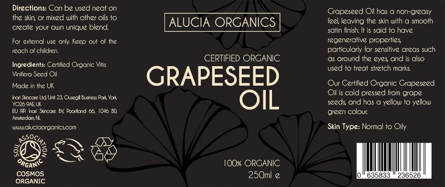Certified Organic Grapeseed Oil 250Ml - Pure, Natural, Cold Pressed, Certified Organic, Vegan, Cruelty Free, for Skin, Face, Body, Hair, Massage