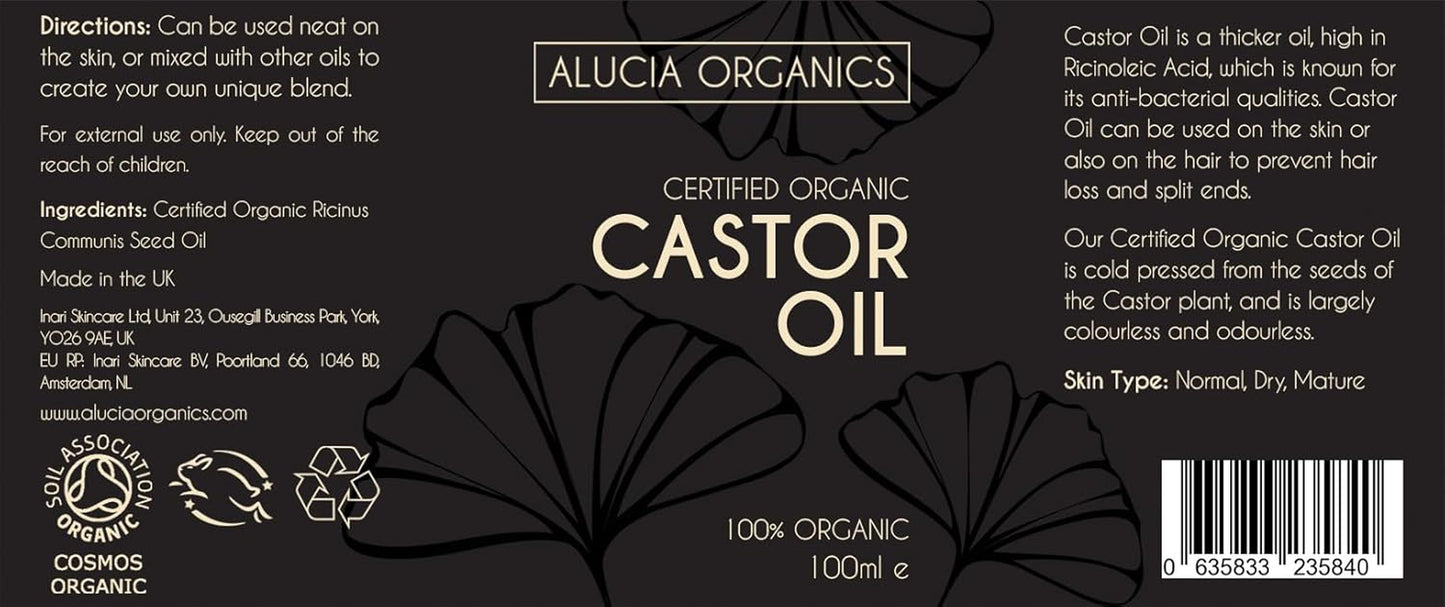 Certified Organic Castor Oil 100Ml – 100% Pure for Face, Eyebrows, Eyelashes & Hair – Natural, Cold-Pressed & Unrefined – Vegan & Cruelty-Free