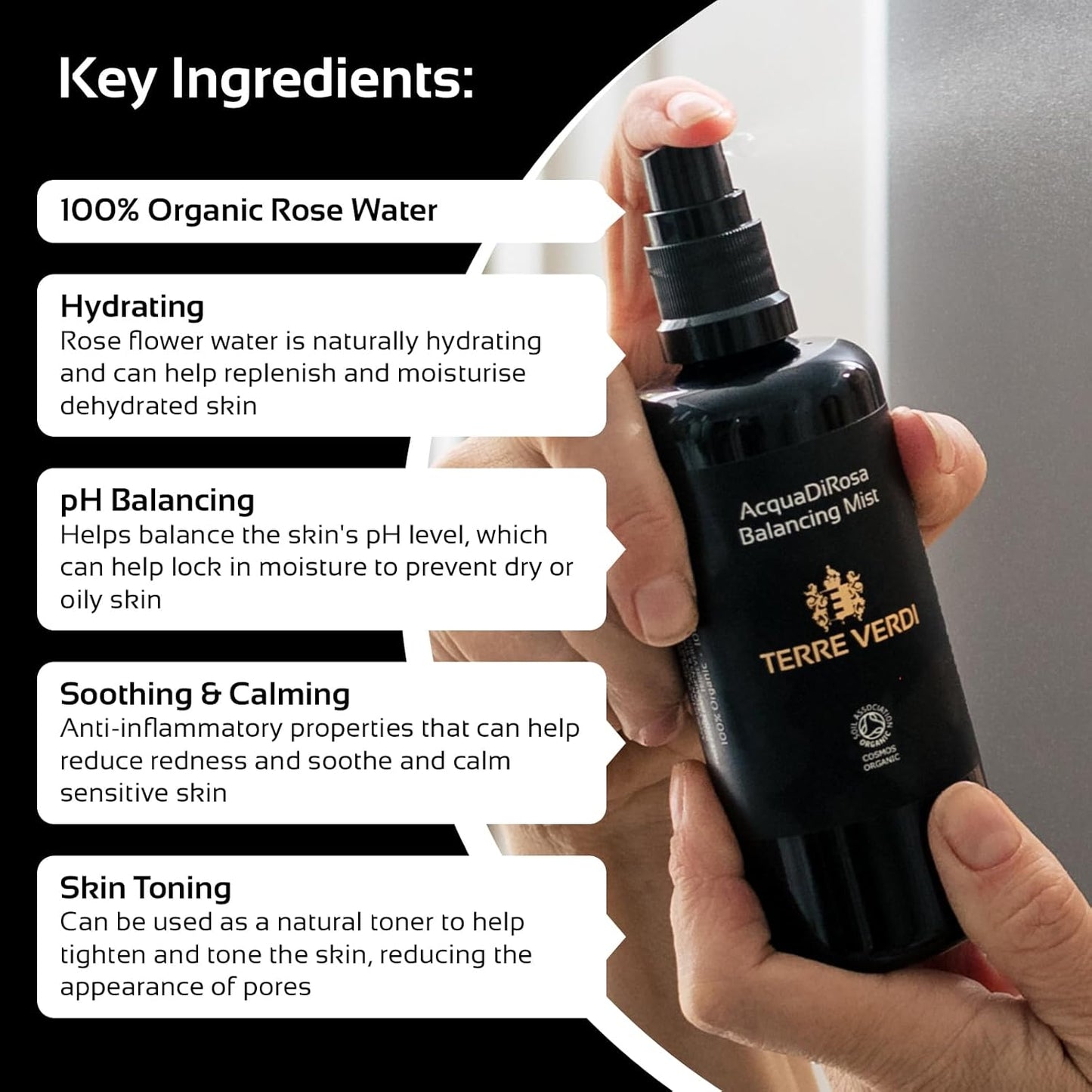 Certified Organic Face Mist - Acqua Di Rosa Rose Water Mist - Skin Hydration for Dry Skin - Facial Mist, Hair Spritz, Rose Water Skin Toner - Vegan Cruelty Free Organic Skincare - 100Ml