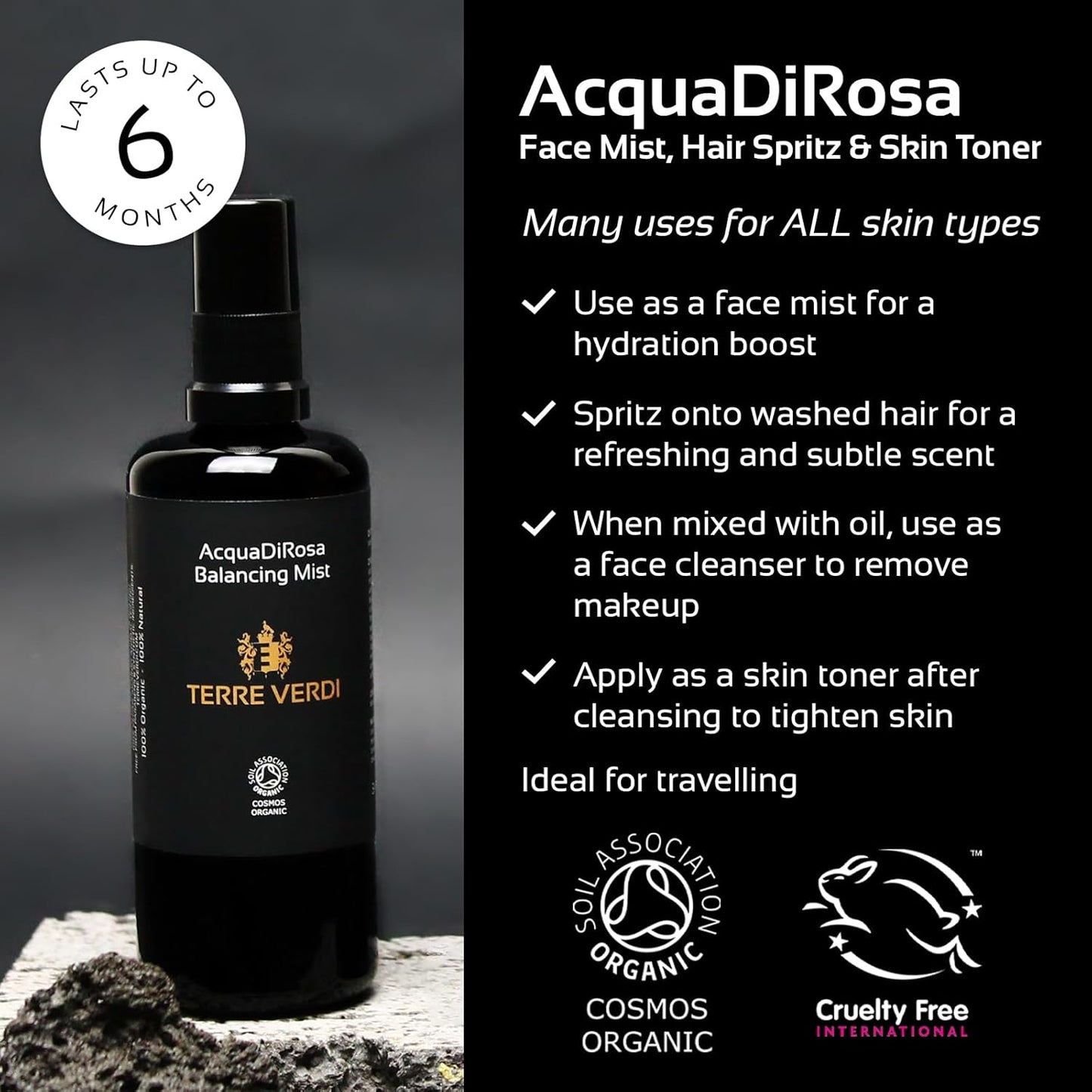 Certified Organic Face Mist - Acqua Di Rosa Rose Water Mist - Skin Hydration for Dry Skin - Facial Mist, Hair Spritz, Rose Water Skin Toner - Vegan Cruelty Free Organic Skincare - 100Ml