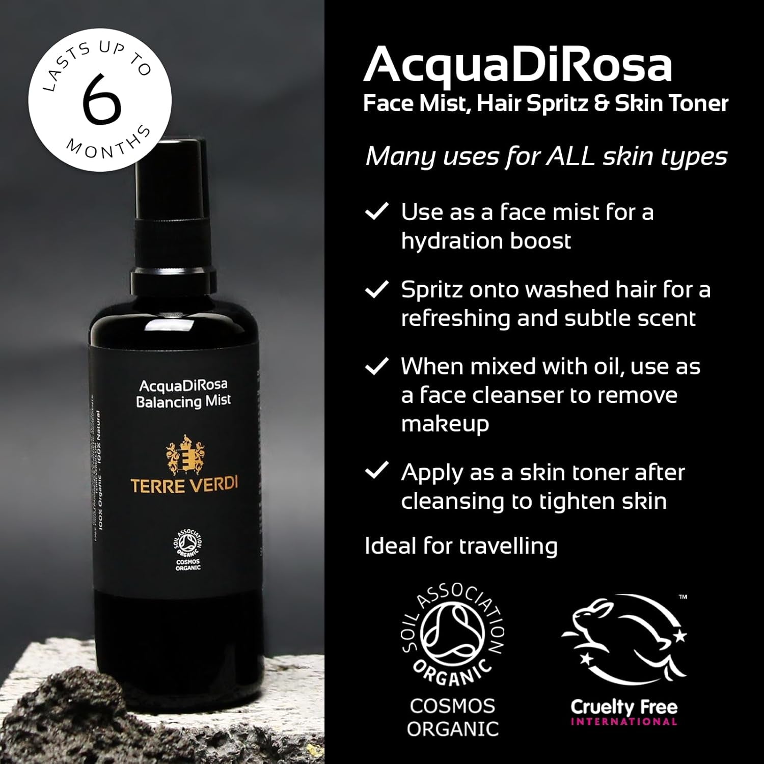 Certified Organic Face Mist - Acqua Di Rosa Rose Water Mist - Skin Hydration for Dry Skin - Facial Mist, Hair Spritz, Rose Water Skin Toner - Vegan Cruelty Free Organic Skincare - 100Ml