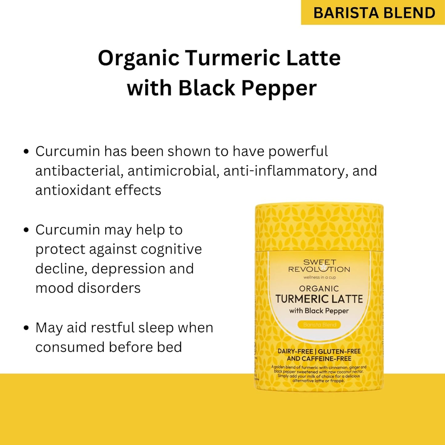 Organic Turmeric Latte with Black Pepper Barista Blend (1 X 100G) Tub. Gluten Free, Dairy Free, Refined Sugar-Free.