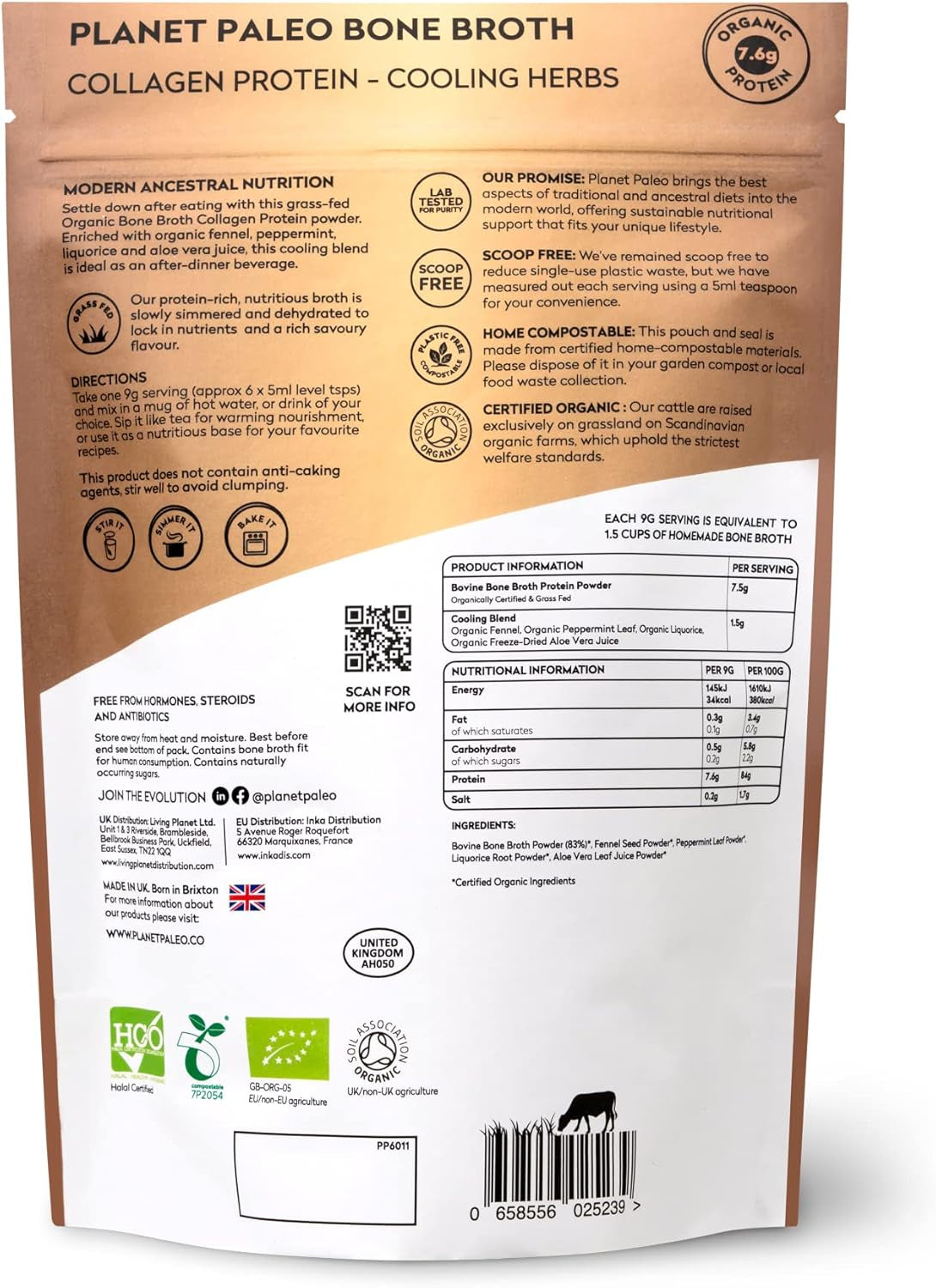 Organic Bone Broth - Cooling Herbs (225G, 25 Servings) Organic, Grass Fed, High Protein | Fennel, Peppermint, Liquorice and Aloe Vera - Digestive Support