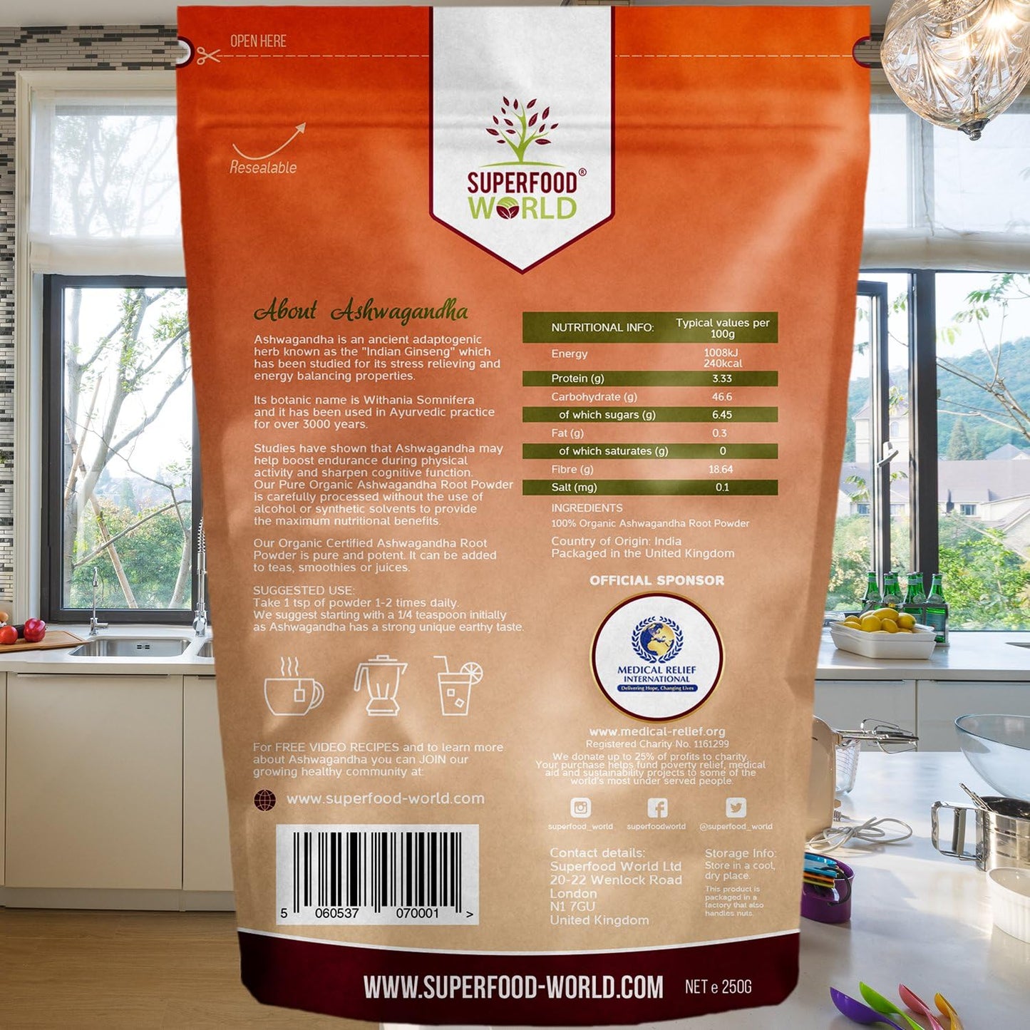Organic Ashwagandha Root Powder 250G | All Natural Stress Support and Sleep Aid | Fatigue, Adrenal & Immune Support | Herbal Ashwagandha Powder to Help Balance Energy Levels