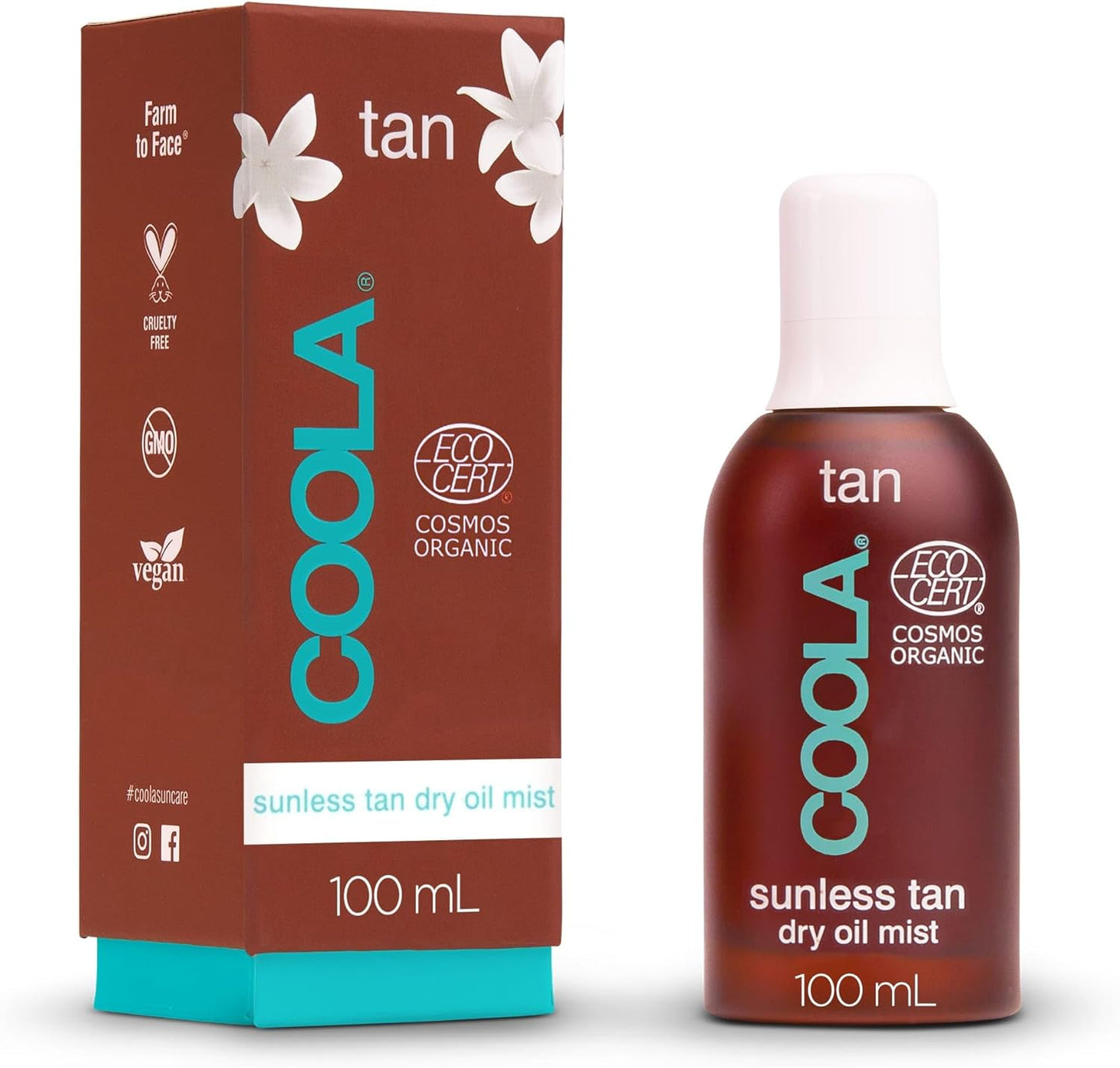 Coola Sunless Tan Dry Oil Mist, 70 Percent + Organic Fake Tan, Streak Free and Transfer Resistant Self Tanner, Lightweight and Vegan, 100 Ml