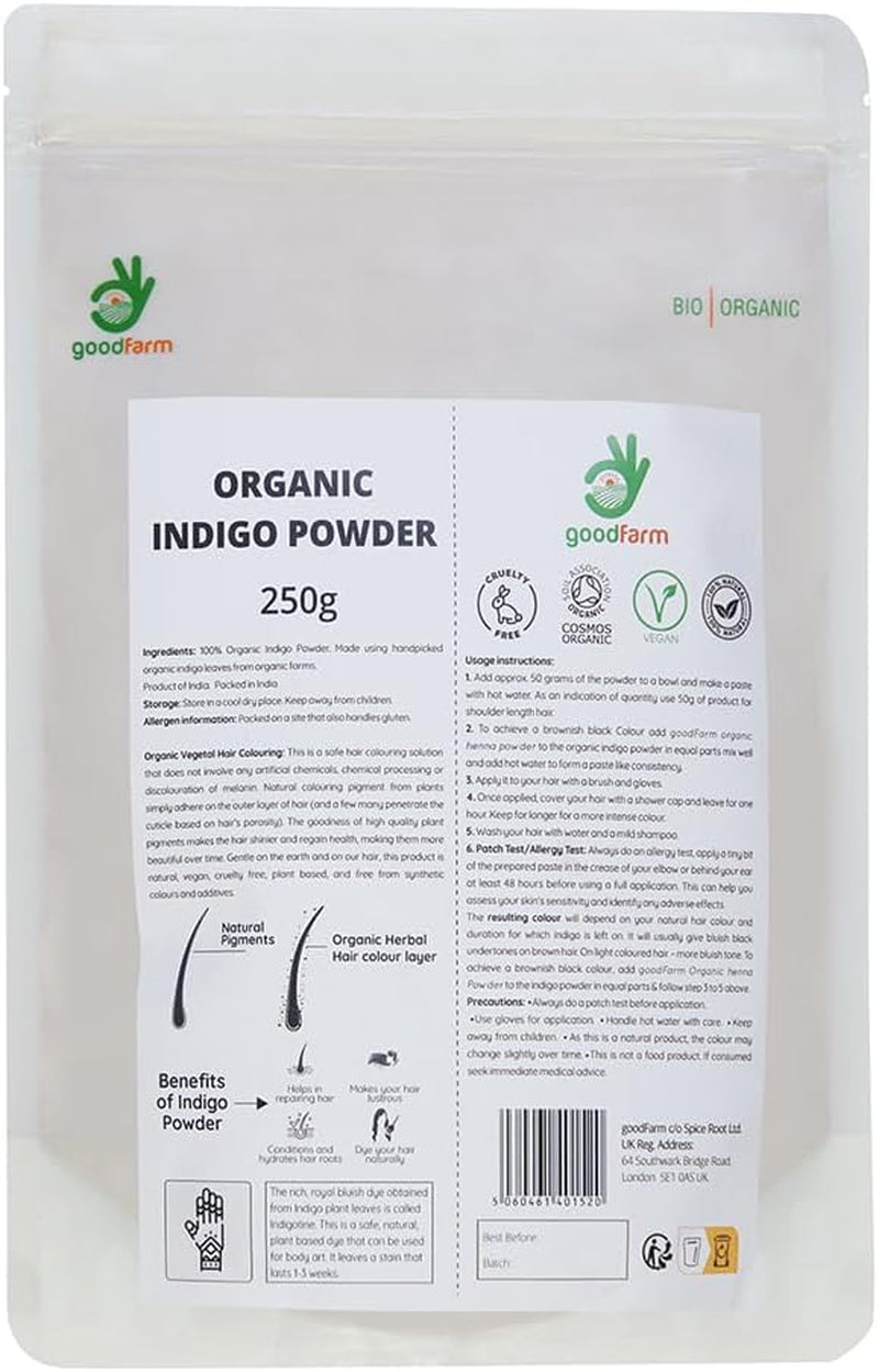 Organic Indigo Powder 250G - Organic Vegetal Hair Colour, Cruelty-Free, Natural Hair Colour & Conditioner