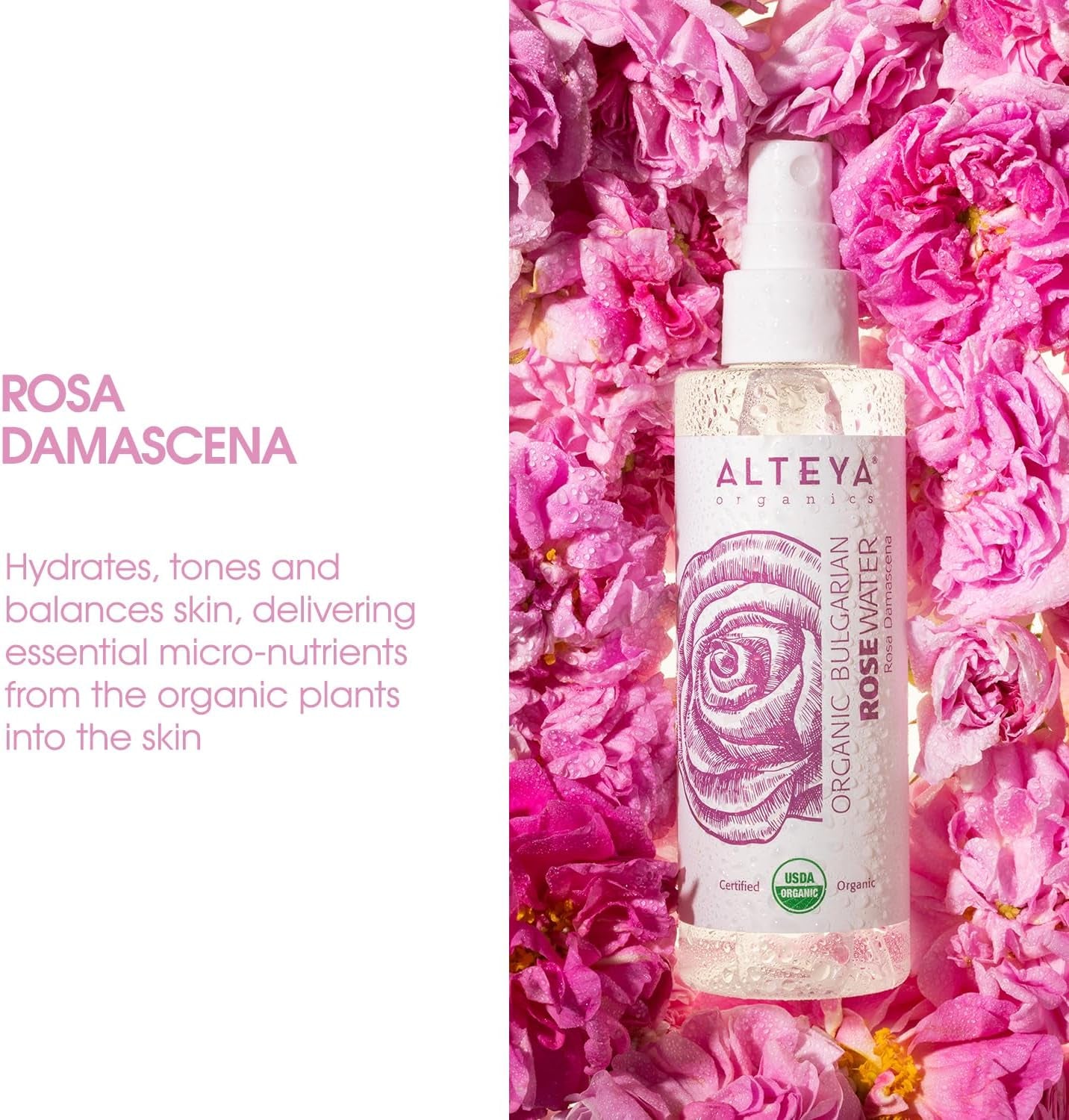 Alteya Organic Rose Water 100Ml Spray - Pure Organic Rosa Damascena (Damask Rose) Hydrolat - No Additives - USDA Certified Organic - Face Toner, Revitalizing Body, Condition Hair & Scalp