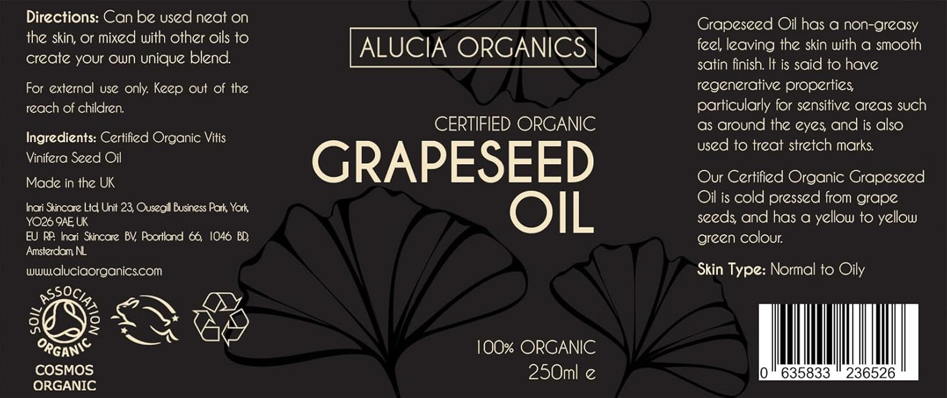 Certified Organic Grapeseed Oil 250Ml - Pure, Natural, Cold Pressed, Certified Organic, Vegan, Cruelty Free, for Skin, Face, Body, Hair, Massage