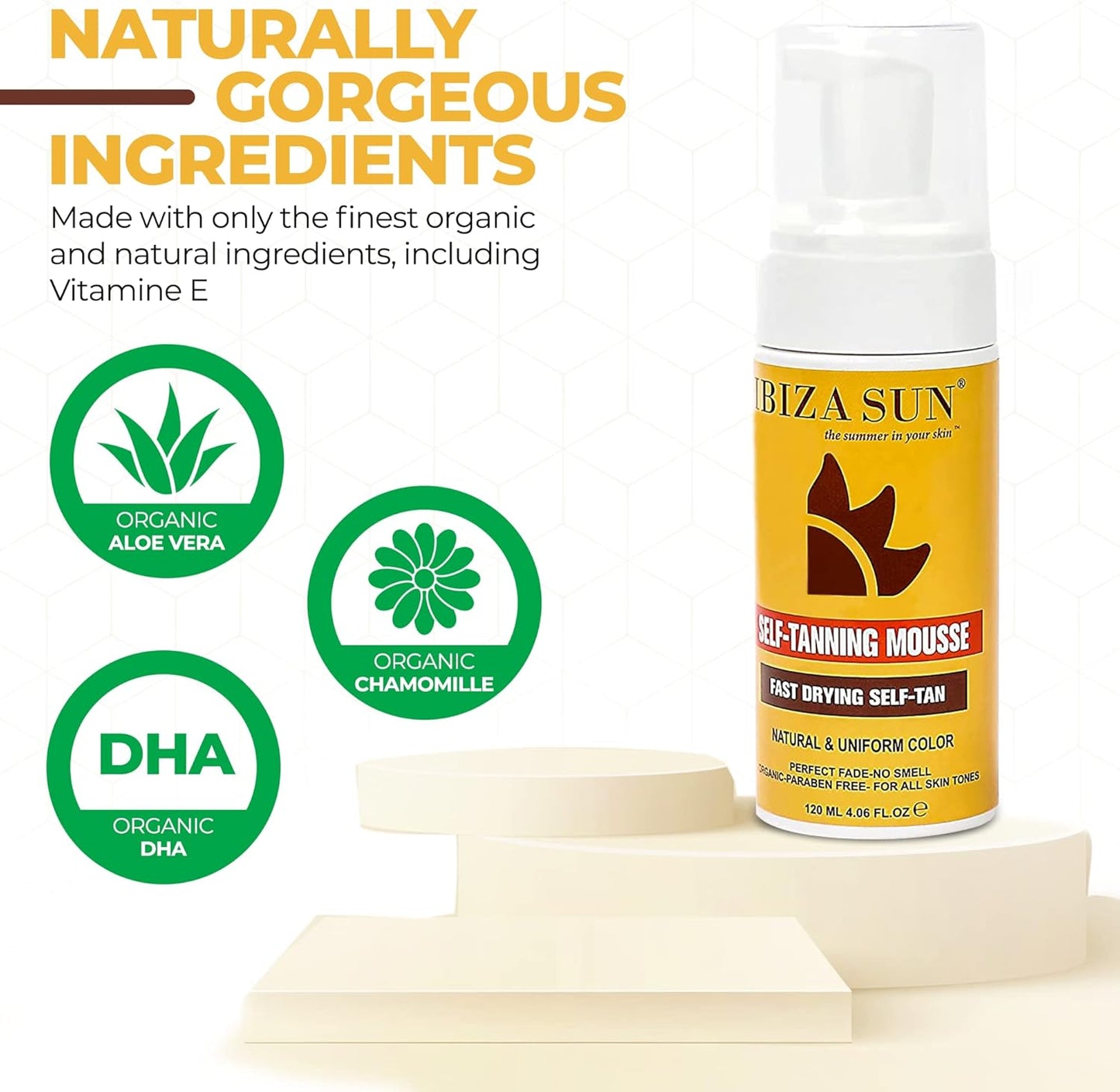 Organic Self -Tanning Mousse - Quick Dry Sunless Tanning Foam for All Skin Tones - Self Tanner for Face and Body with Natural Ingredients,No Tanning Smell, Vegan - 120 Ml