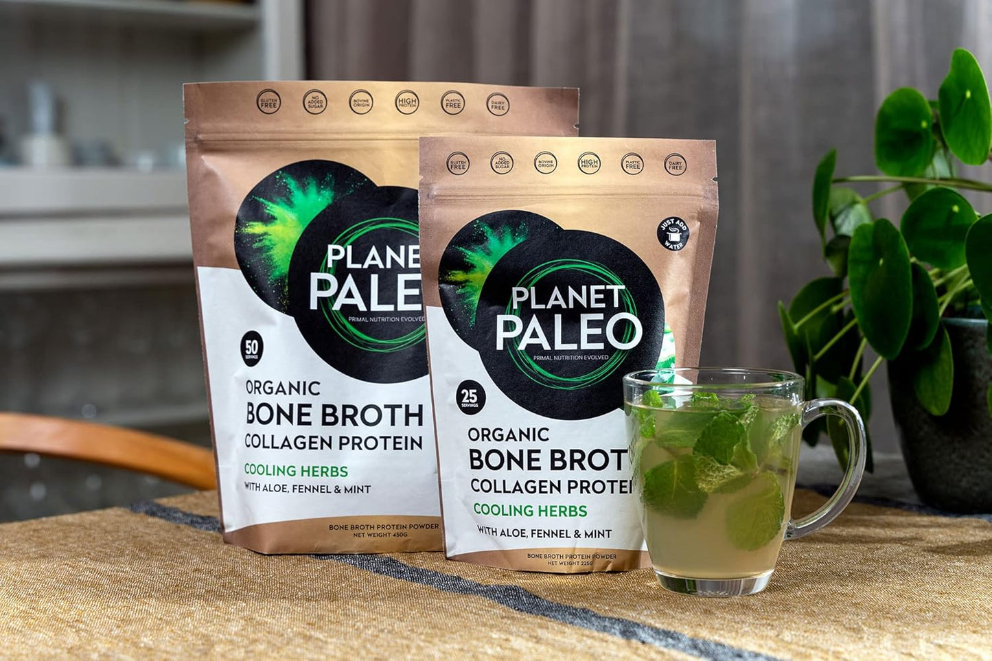 Organic Bone Broth - Cooling Herbs (225G, 25 Servings) Organic, Grass Fed, High Protein | Fennel, Peppermint, Liquorice and Aloe Vera - Digestive Support