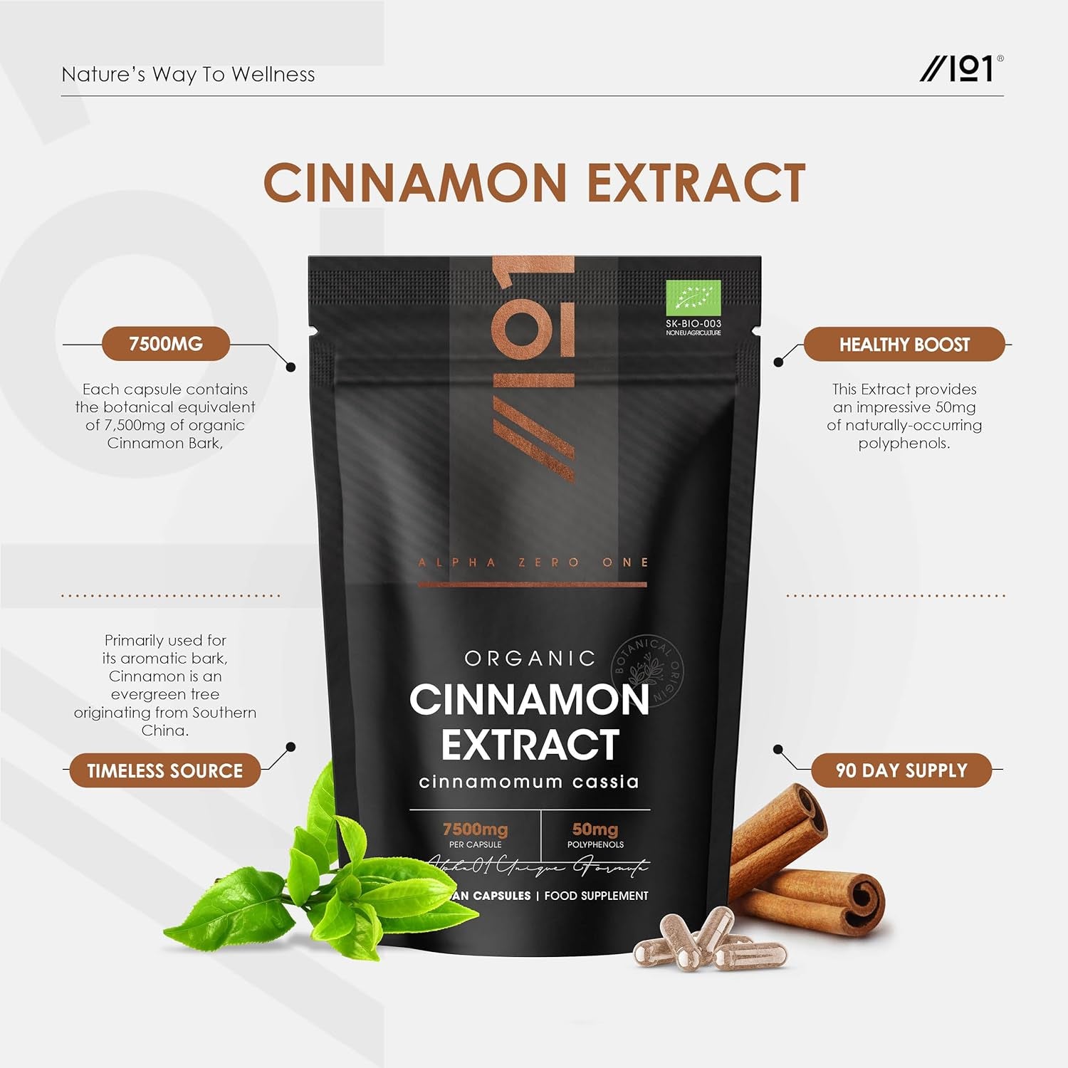 Organic Cinnamon Extract 7500Mg - 10% Polyphenols High Strength Cinnamon Supplement - 90 Vegan Capsules (3 Months Supply) - Resealable and Recyclable Pouch by