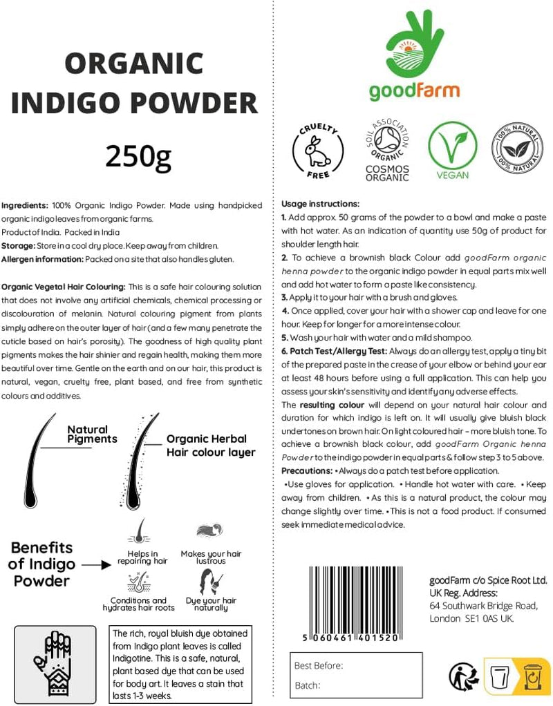 Organic Indigo Powder 250G - Organic Vegetal Hair Colour, Cruelty-Free, Natural Hair Colour & Conditioner