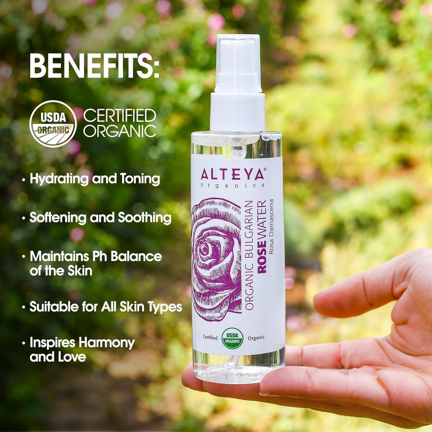 Alteya Organic Rose Water 100Ml Spray - Pure Organic Rosa Damascena (Damask Rose) Hydrolat - No Additives - USDA Certified Organic - Face Toner, Revitalizing Body, Condition Hair & Scalp