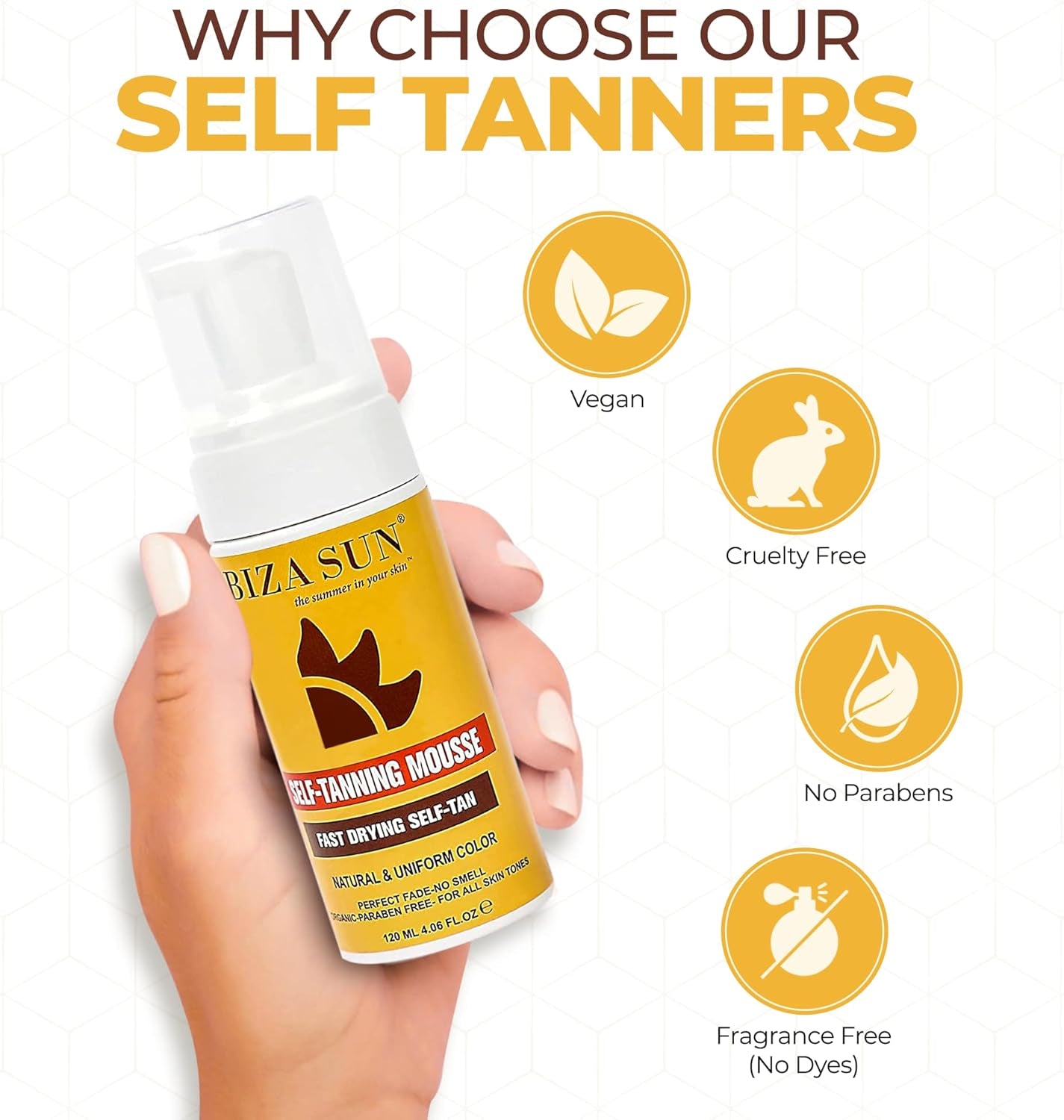 Organic Self -Tanning Mousse - Quick Dry Sunless Tanning Foam for All Skin Tones - Self Tanner for Face and Body with Natural Ingredients,No Tanning Smell, Vegan - 120 Ml