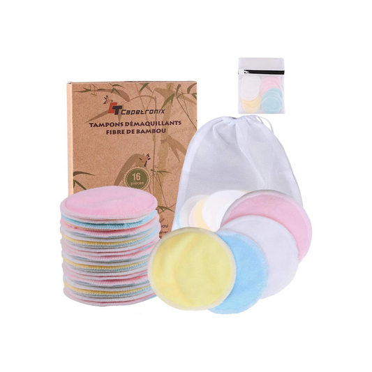 Reusable Makeup Remover Pads| Bamboo Fiber Organic Cotton Pads Face| Cotton Rounds Eyes Make up Remover Pads Zero Waste Washable| for All Skin Types | 1 Laundry Bag+1 Storage Bag| 16 Pcs