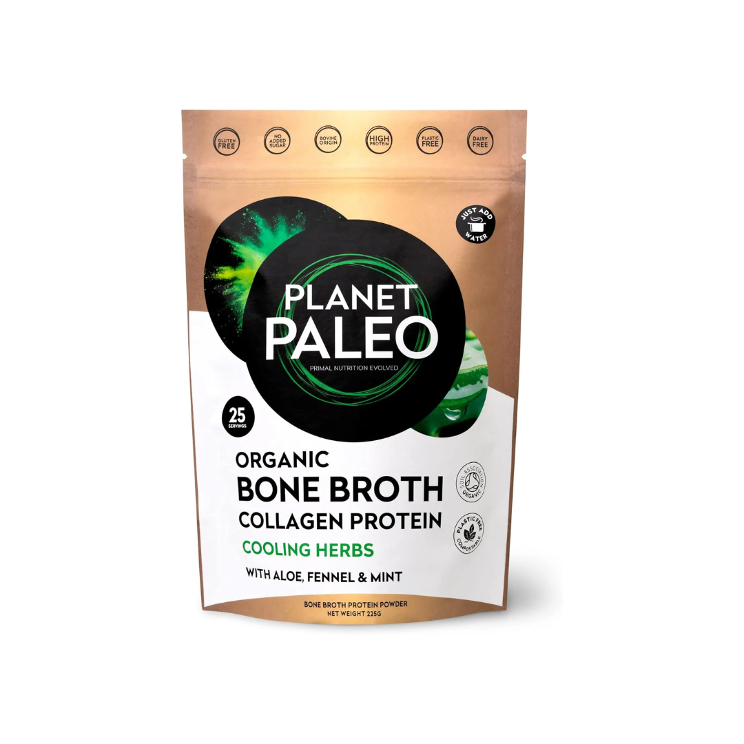 Organic Bone Broth - Cooling Herbs (225G, 25 Servings) Organic, Grass Fed, High Protein | Fennel, Peppermint, Liquorice and Aloe Vera - Digestive Support