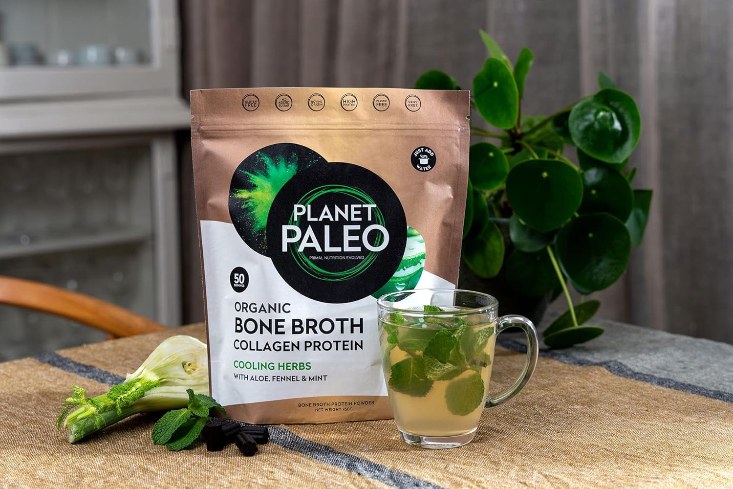 Organic Bone Broth - Cooling Herbs (225G, 25 Servings) Organic, Grass Fed, High Protein | Fennel, Peppermint, Liquorice and Aloe Vera - Digestive Support