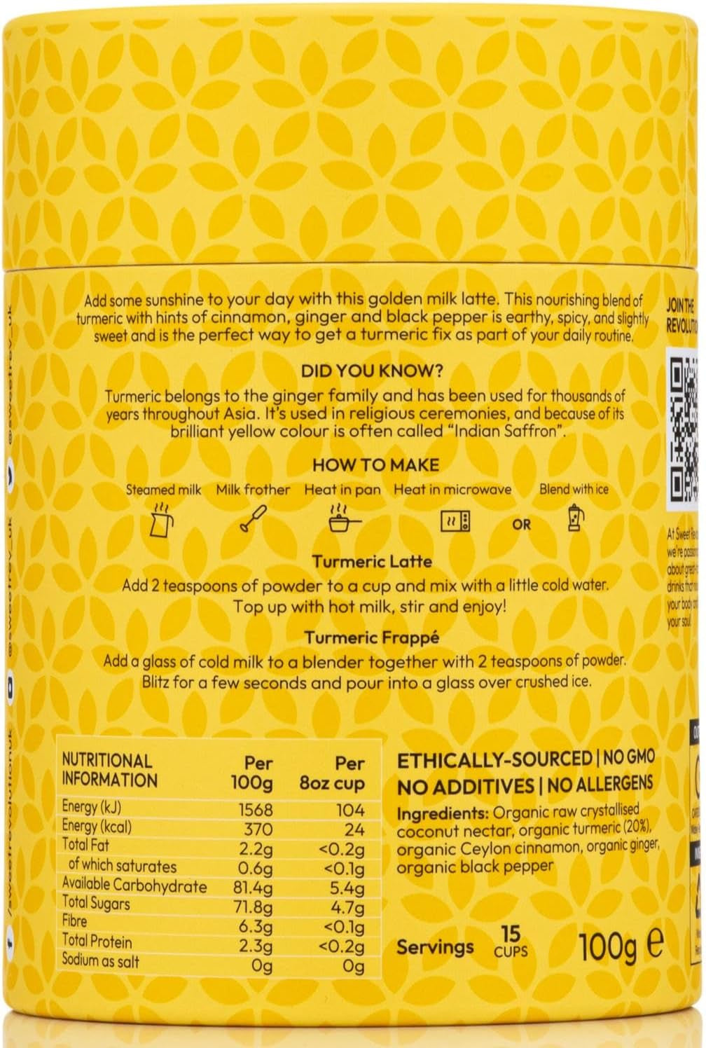 Organic Turmeric Latte with Black Pepper Barista Blend (1 X 100G) Tub. Gluten Free, Dairy Free, Refined Sugar-Free.
