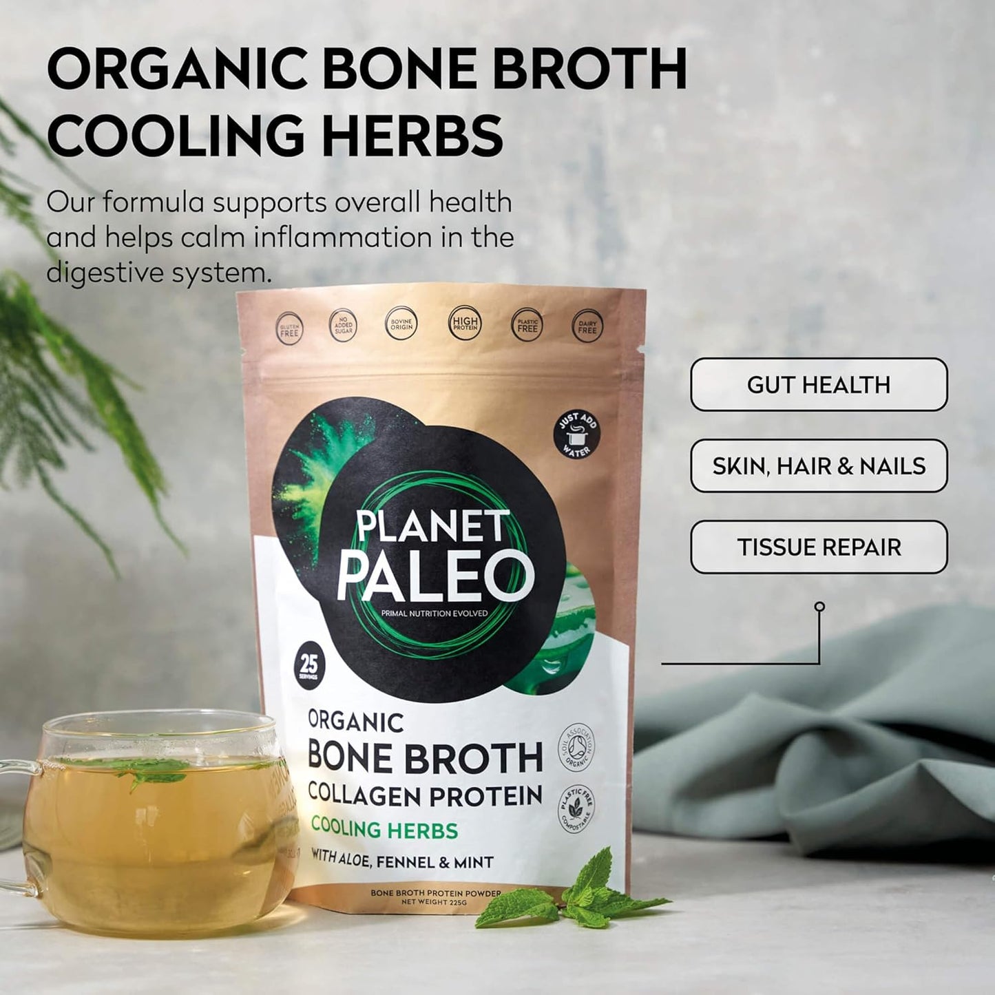Organic Bone Broth - Cooling Herbs (225G, 25 Servings) Organic, Grass Fed, High Protein | Fennel, Peppermint, Liquorice and Aloe Vera - Digestive Support