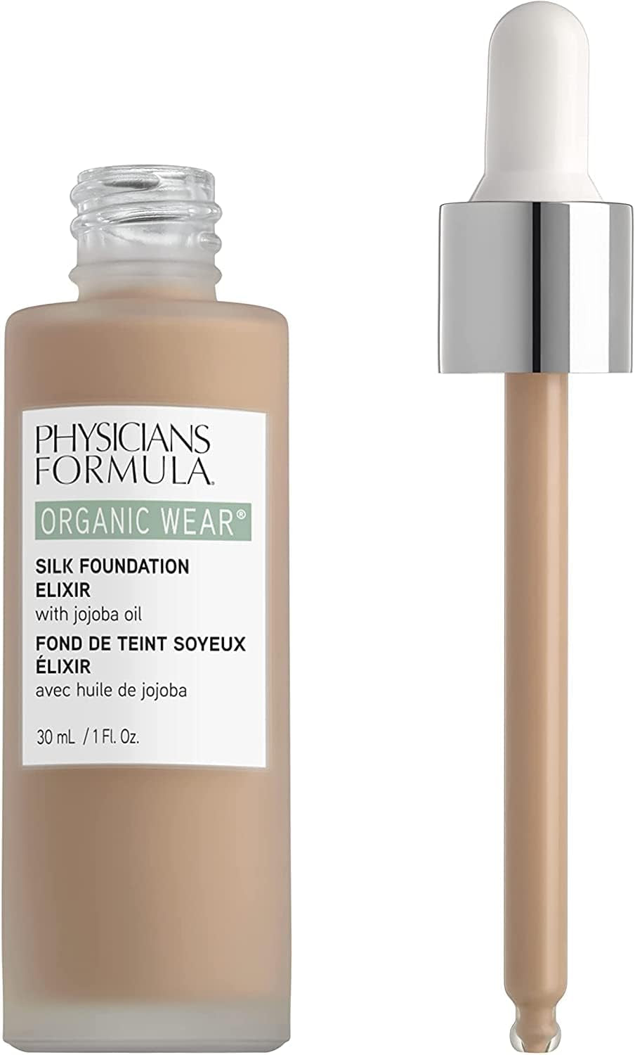 , Organic Wear Silk Foundation Elixir, Weightless Foundation for a Dewy Finish and Healthy Look, with Organic Jojoba Oil, Aloe Vera, Coconut Oil and Botanical Cactus Flower, Light