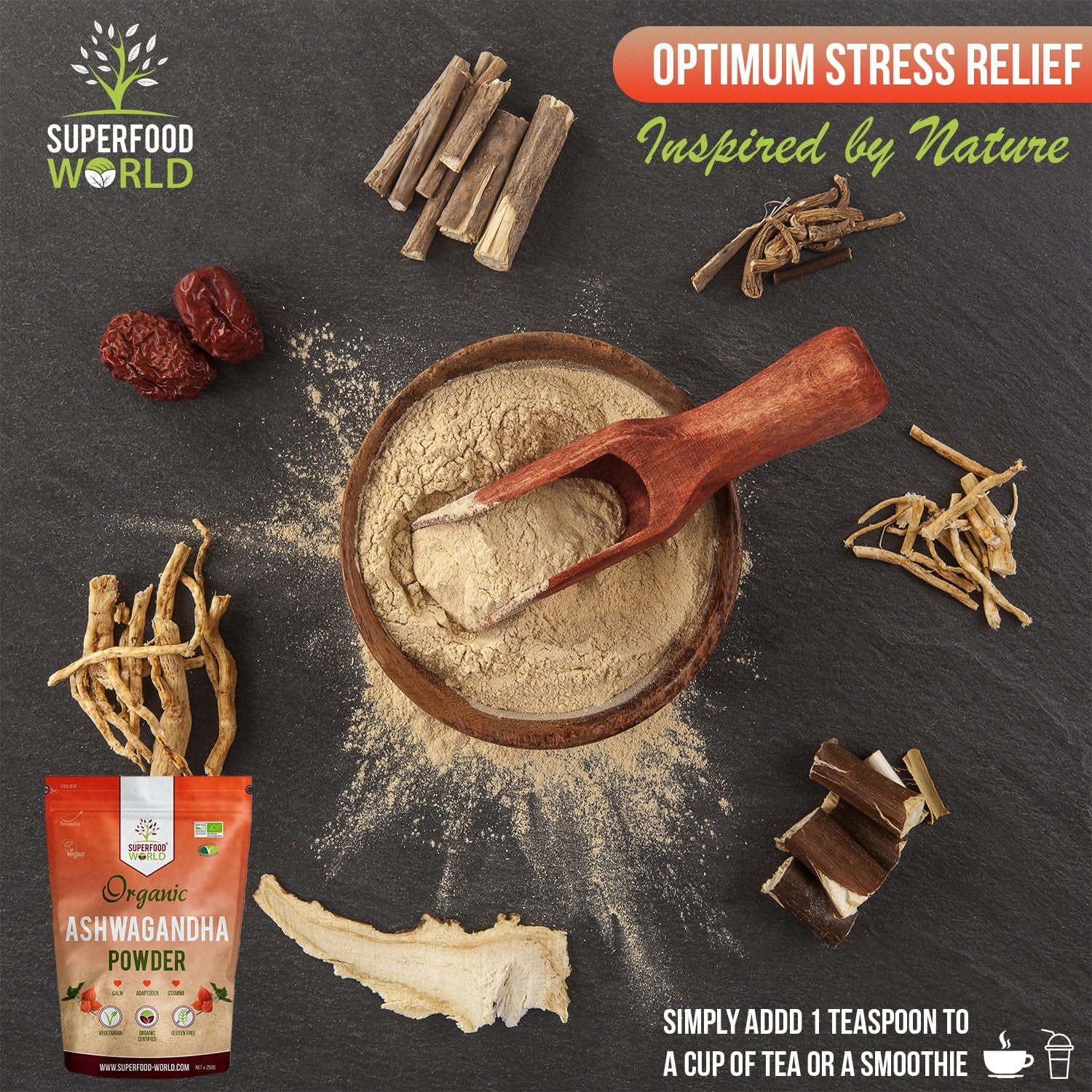 Organic Ashwagandha Root Powder 250G | All Natural Stress Support and Sleep Aid | Fatigue, Adrenal & Immune Support | Herbal Ashwagandha Powder to Help Balance Energy Levels