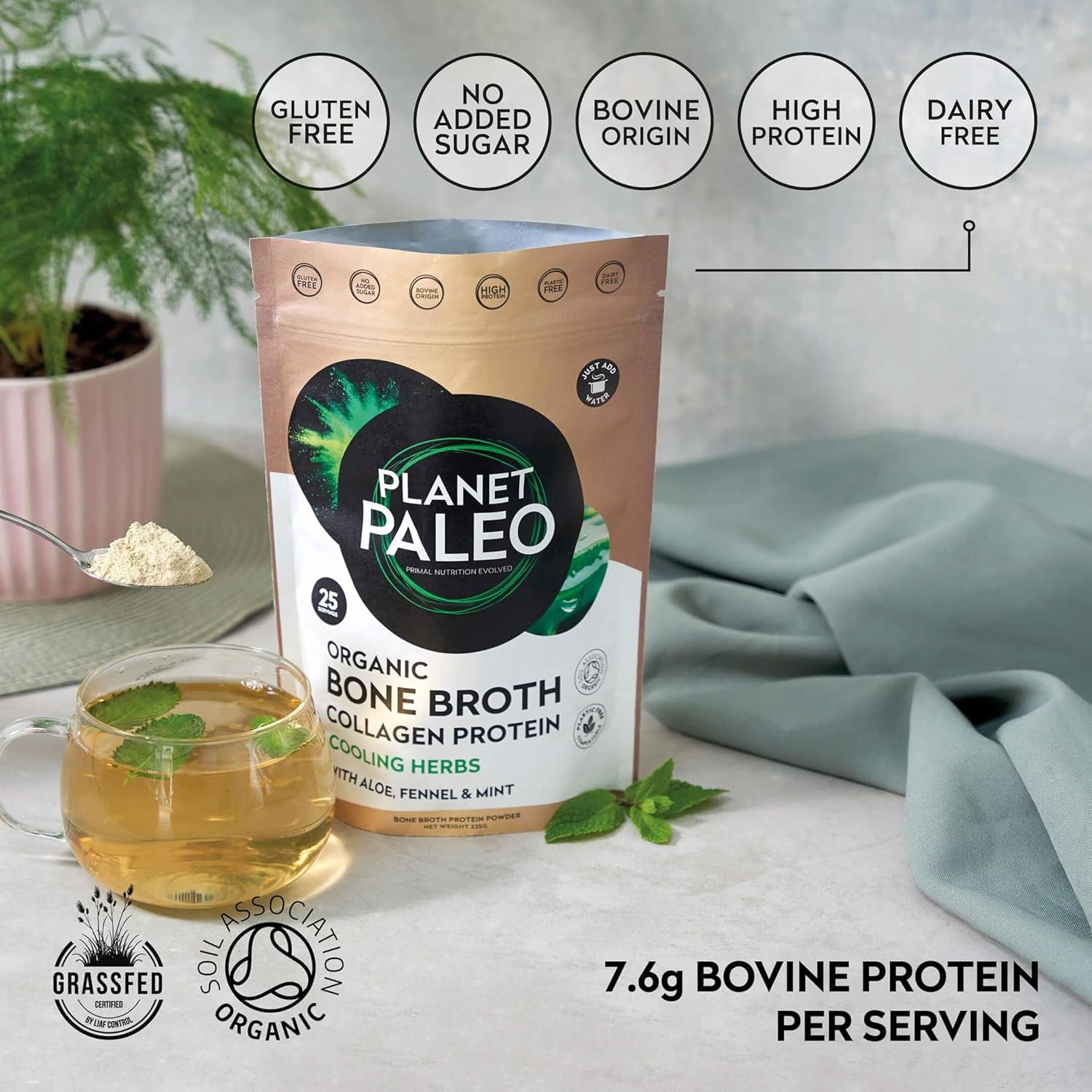 Organic Bone Broth - Cooling Herbs (225G, 25 Servings) Organic, Grass Fed, High Protein | Fennel, Peppermint, Liquorice and Aloe Vera - Digestive Support